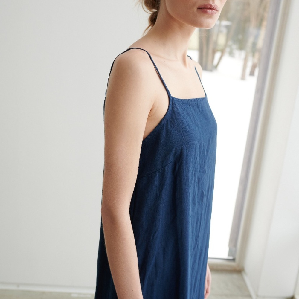 Navy Blue Linen Slip Dress Linenfox - Picture 3 of 6